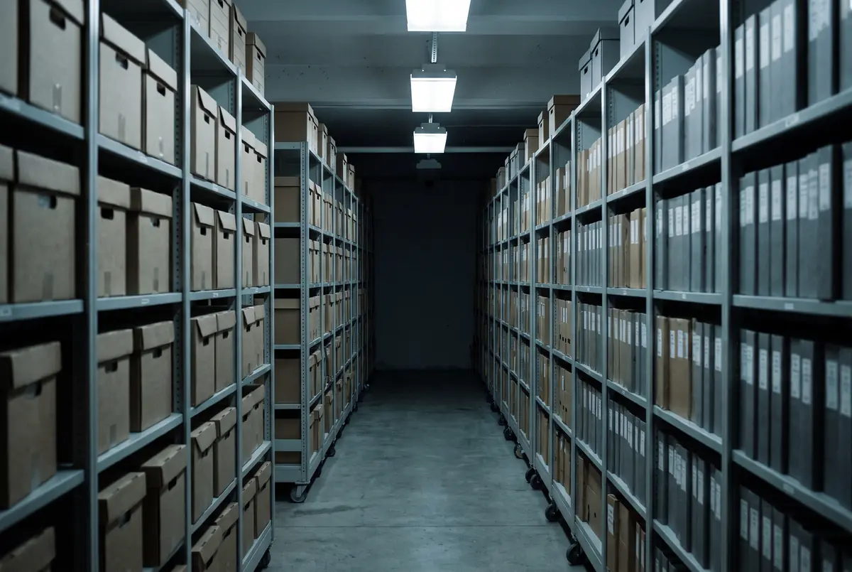 Rows of tall grey rolling shelves in a records archive, packed with plain document boxes and binders, one narrow aisle receding into shadow