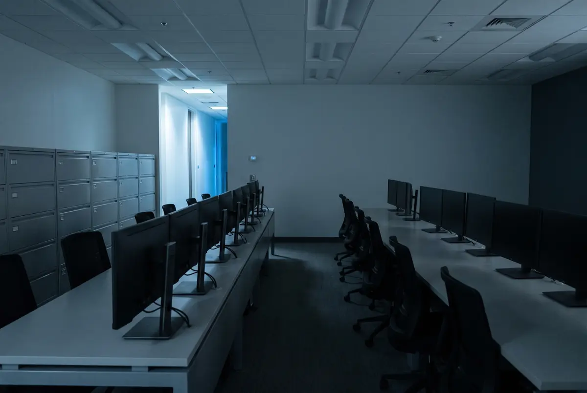 An empty operations room at night with rows of desks, monitors dark, and a wall of filing cabinets along one side